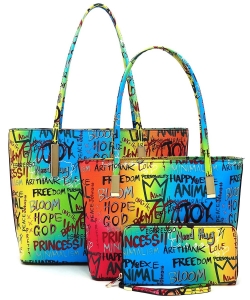 Graffiti Print 3in1 Twin Tote Bag Wallet Set GP2669PP BLUE